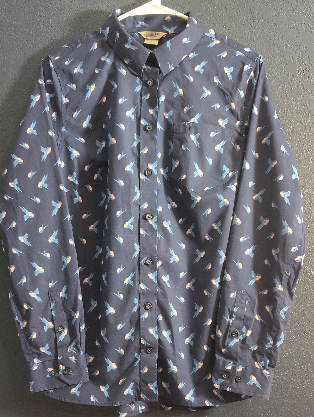Duluth Trading Co Navy Blue Bird Print Button Down Size Medium